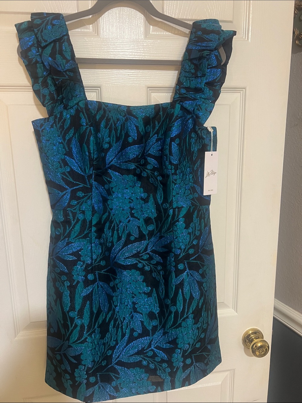NEW Lilly Pulitzer Shimmering Brocade Teal and Blue Floral Romper